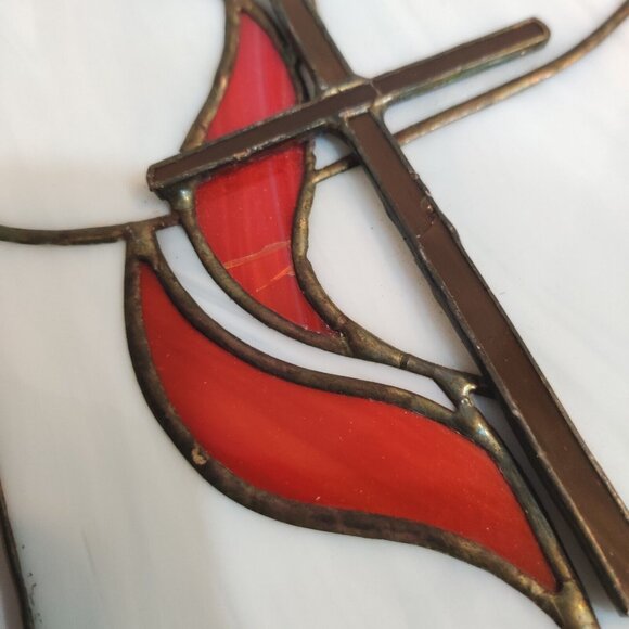 Cross And Flame Stained Glass Window Hanging Sun Catcher 8x6” - Picture 6 of 11